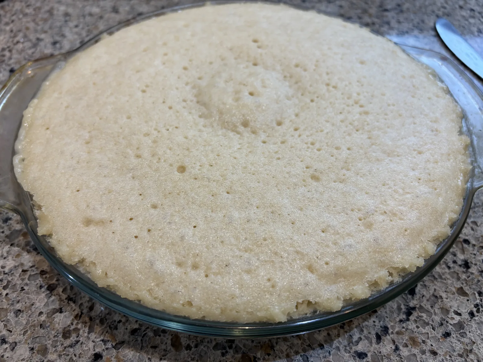 cooked microwave cake in pie pan