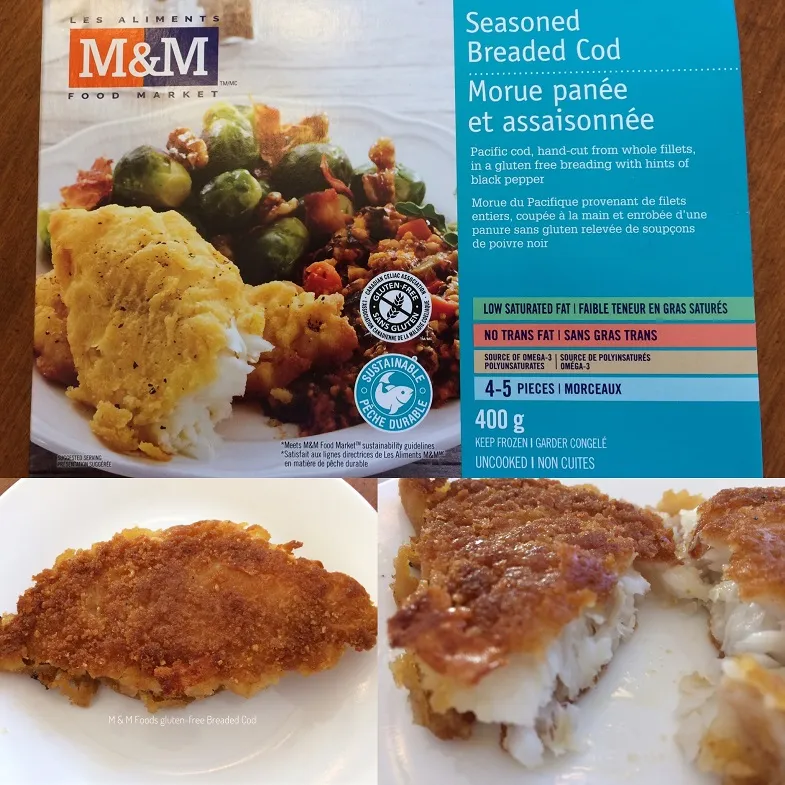 m & m's gluten free seasoned breaded cod with a photo of the cooked fish on a plate and one cut in half