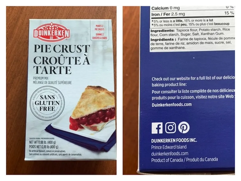 Duinkerken gluten free pie crust mix box and ingredients list
