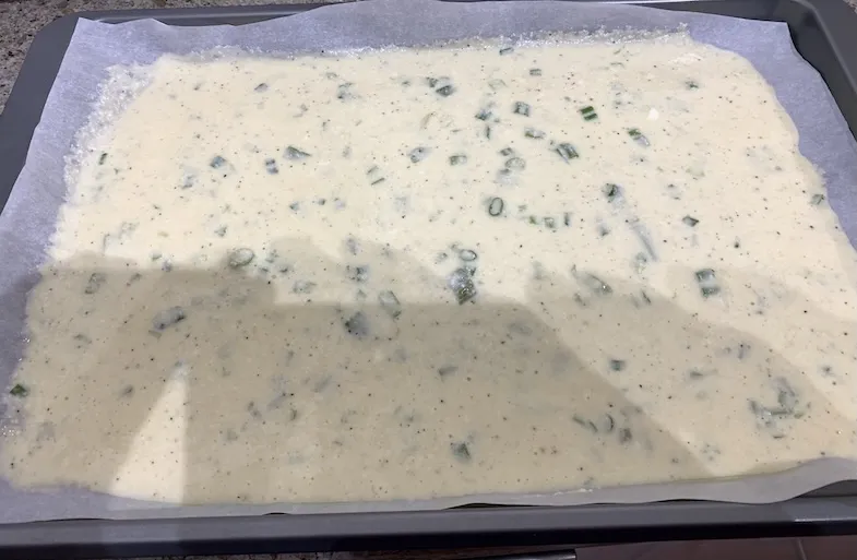 gluten-free cottage cheese batter in pan