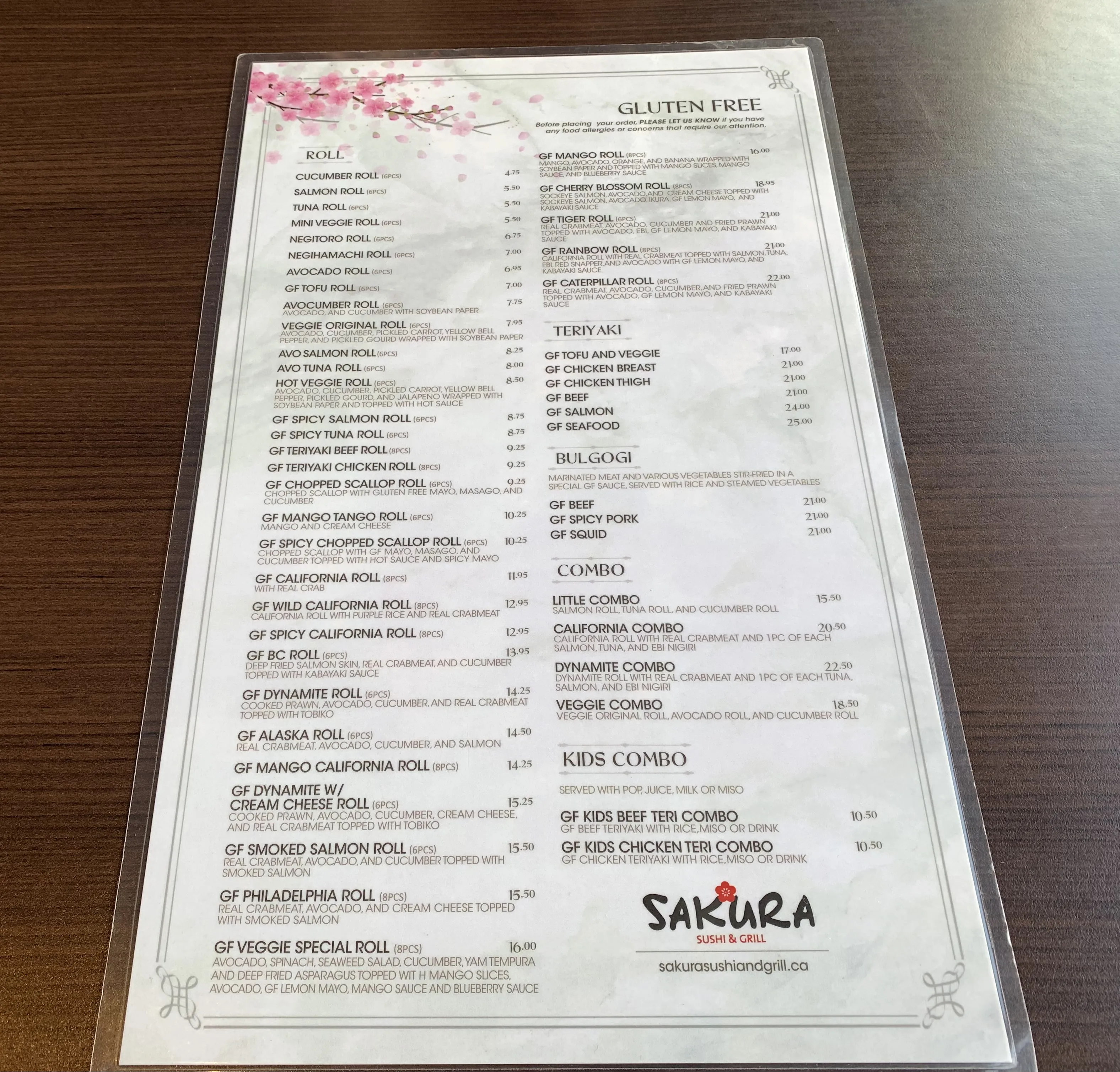 Sakura Sushi's gluten-free menu