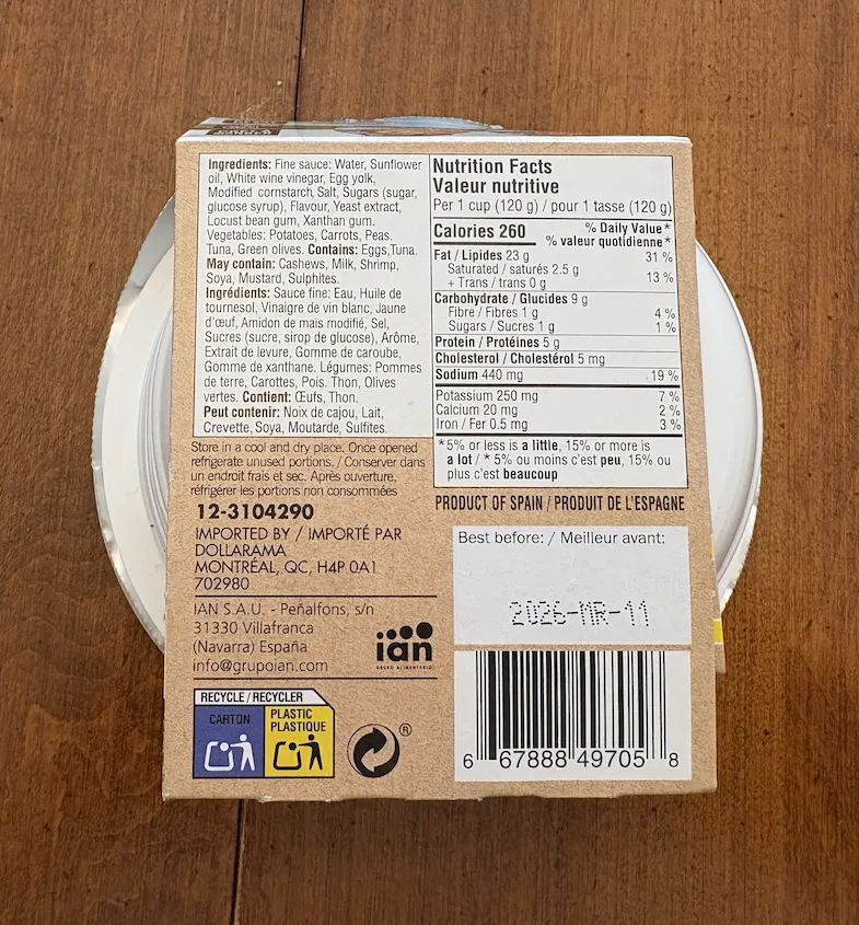 ingredients list Carretilla's gluten-free potato salad