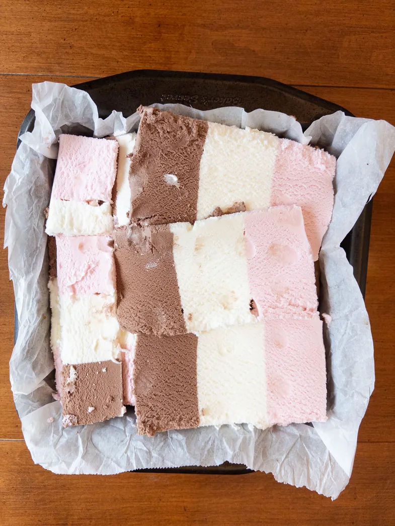 layered ice cream on cake