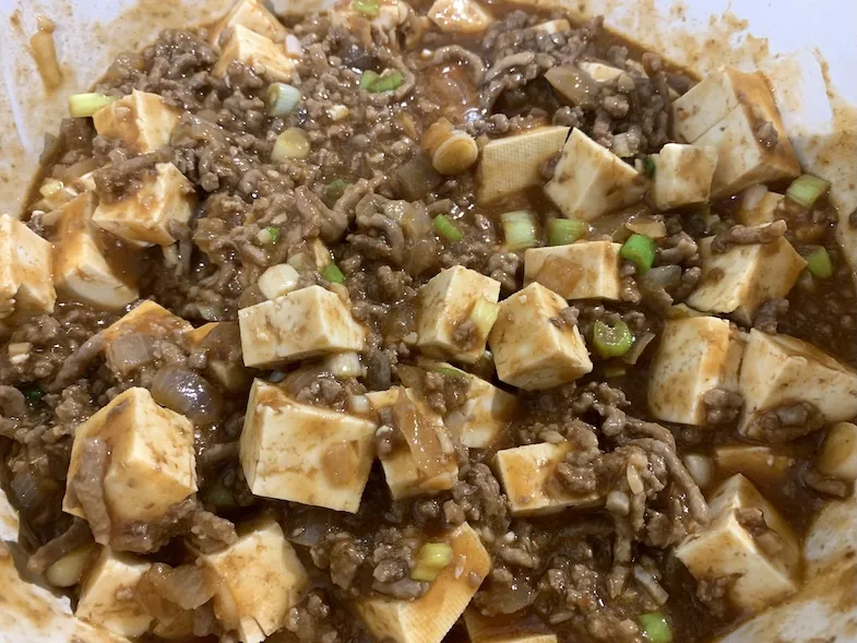 finished gluten-free mabo dofu in a pot